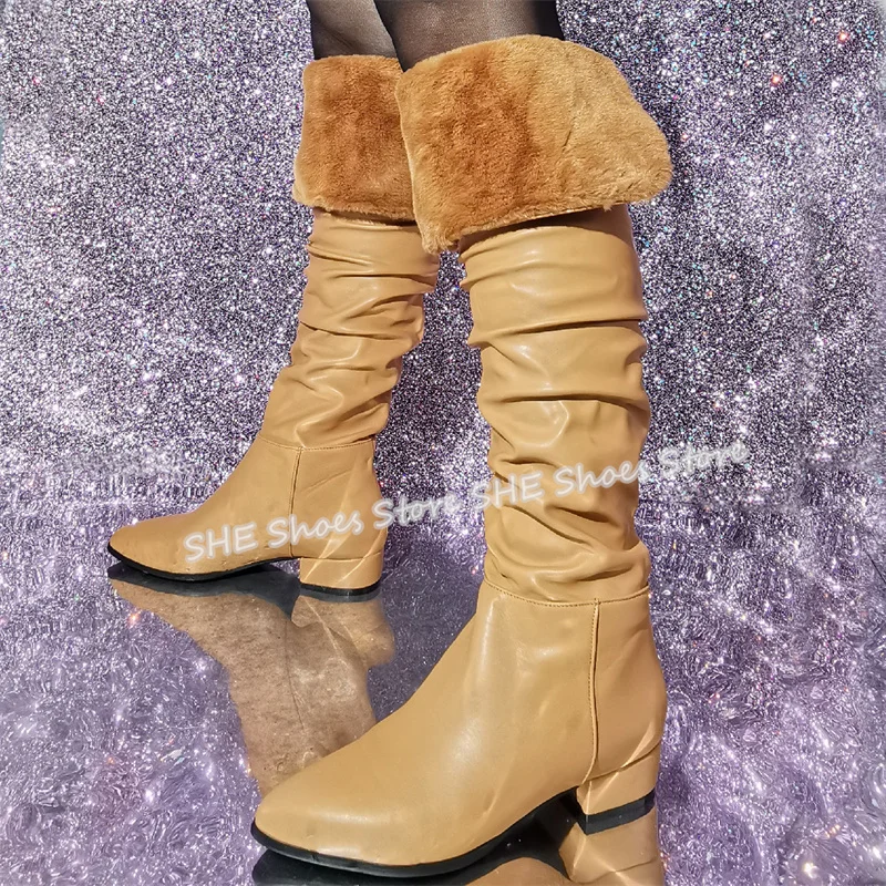 النساء تحولت أكثر من حافة الشتاء الدافئة أحذية طويلة جولة تو صندل بكعب مكتنز حذاء برقبة للركبة السيدات حجم كبير أحذية تأثيري مريحة