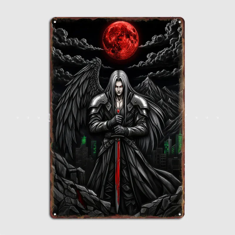 Sephiroth con la Espada Masamune Ensangrentada, Póster Metálico Decorativo para Interiores y Exteriores, Decoración para el Hogar, Bar, Pósters Personalizados, Decoración de Paredes y Habitaciones