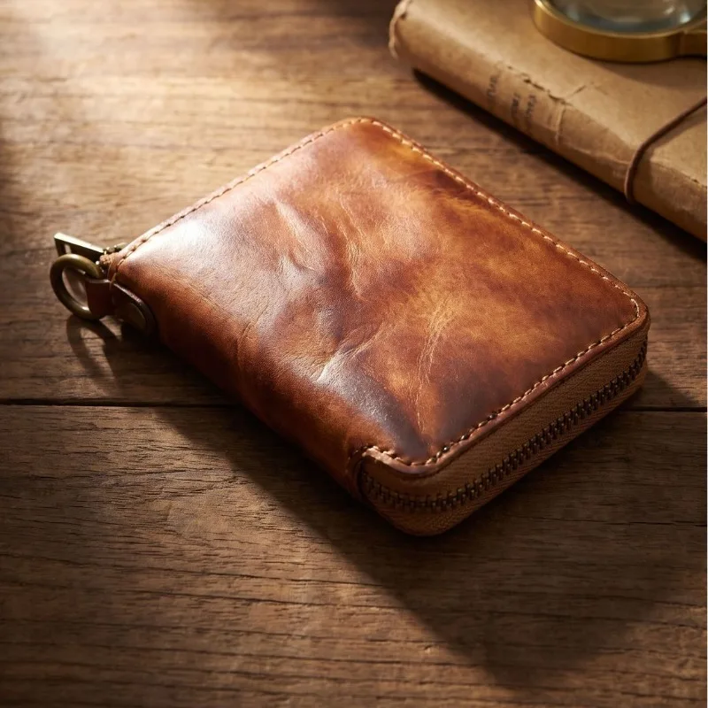 Cowhide Leather Zipper Wallet for Men,Premium Japanese Vintage Short Purse with Reinforced Stitching, High-Quality Bifold Wallet