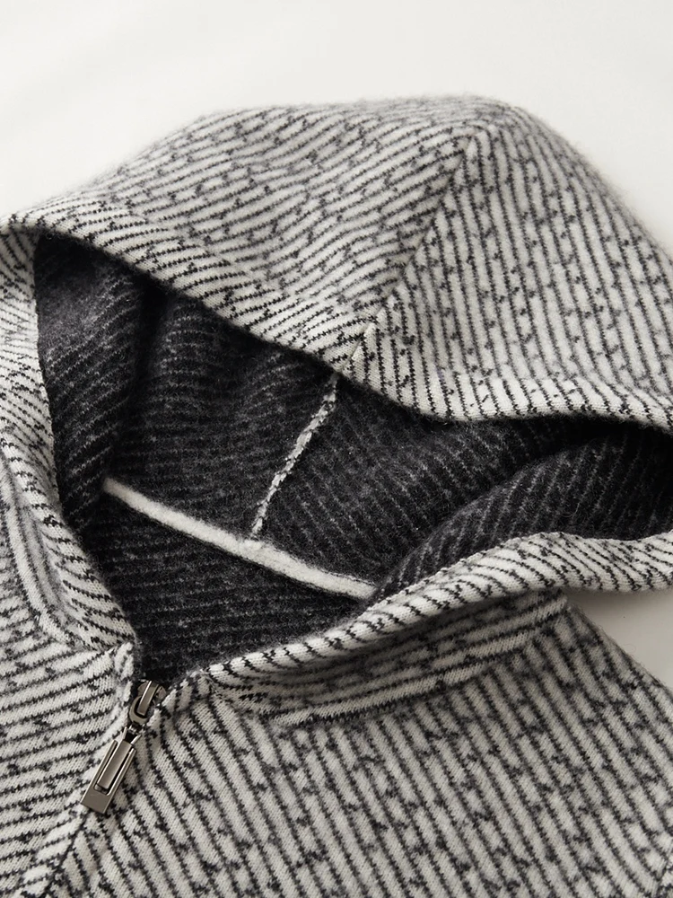 

TLOML Men 100% Merino Wool Sweater Thick Jacquard Hooded Zipper Cardigan Coat Smart Casual Style Cashmere Soft Warm Knit Jacket