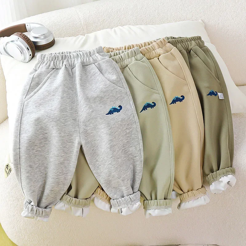 2026 New Kids Sport Sweatpants for 1-7Y Embroidered Dinosaur Boys Casual Pants Loose Thin Pocket Children Solid Color Trousers