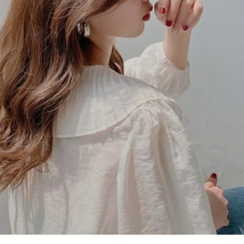 2024 Summer Women\'s New Patchwork Peter Pan Collar Button Fashion Casual Solid Puff Sleeve Loose Long Sleeve Blouses Shirts