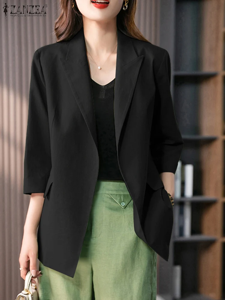 เสื้อเบลเซอร์ลำลองน้ำหนักเบาสำหรับผู้หญิง ZANZEA รุ่นปี 2025 ปกแหลม แขนสามส่วน แบบเปิดด้านหน้า เหมาะสำหรับใส่ทำงานหรือเดินทางไปออฟฟิศ ไซส์ 3XL