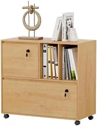 2 Drawer Mobile File Cabinet with 2 Open Shelves, Wood Lateral Filing Cabinet, Fits for A4/Letter-Sized Files, Printer