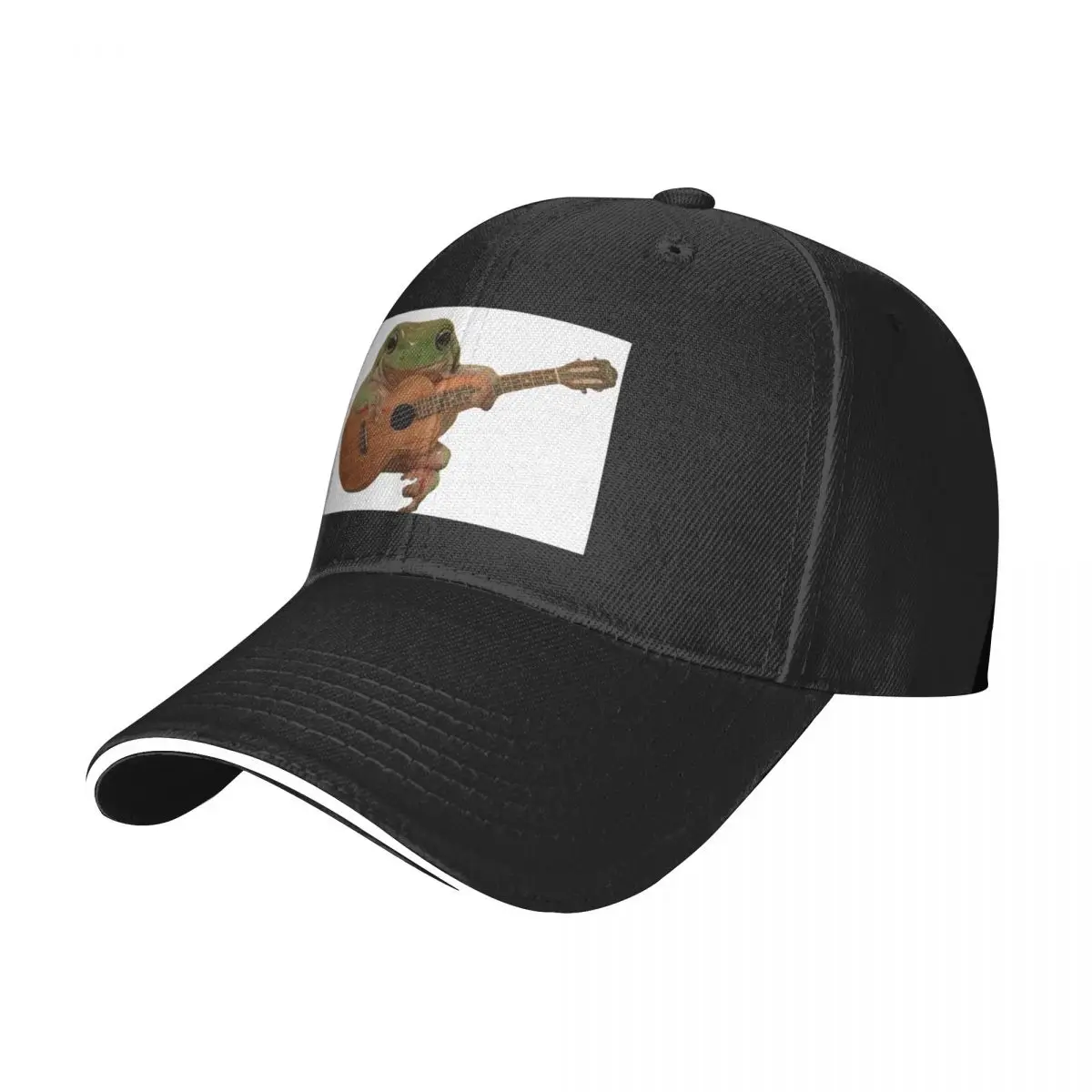 Frog playing on guitar, cute frog playing on ukulele, cute frog sitting, sitting, realistic sitting and playing on  Baseball Cap