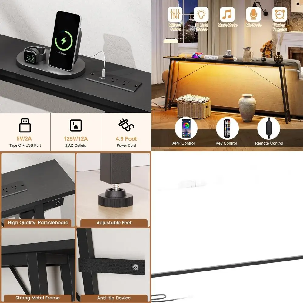 

Black 79 Charging Console Table with LED Light, USB & Type-C Ports, Slim Behind Sofa Narrow Table for Living Spaces