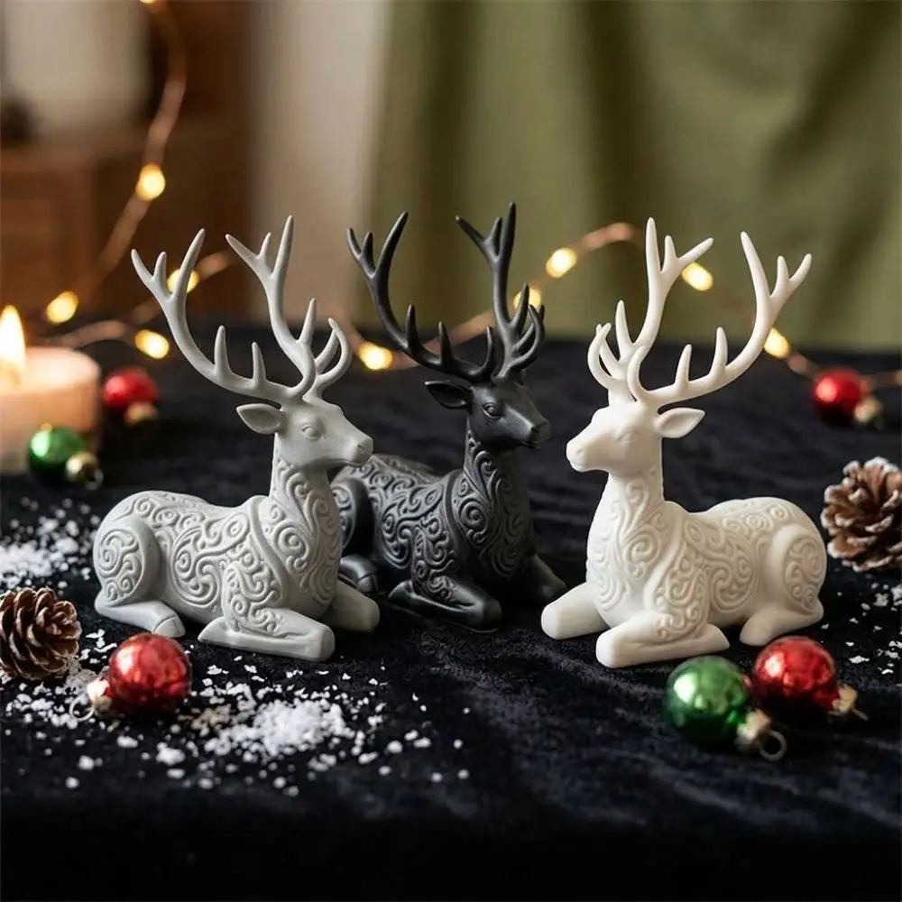 3D Printed Christmas Sitting Deer Statue Lying-Posture Vintage Swirl Small Deer Desktop Ornament Realistic Plastic