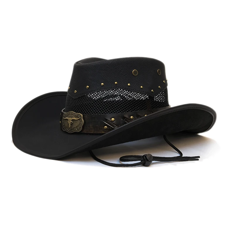 

Retro Vintage OX Head Leather Belt Women Men PU Roll Up Wide Brim Sombrero Sun Cap Beach Cowboy Cowgirl Western Hat Adjust