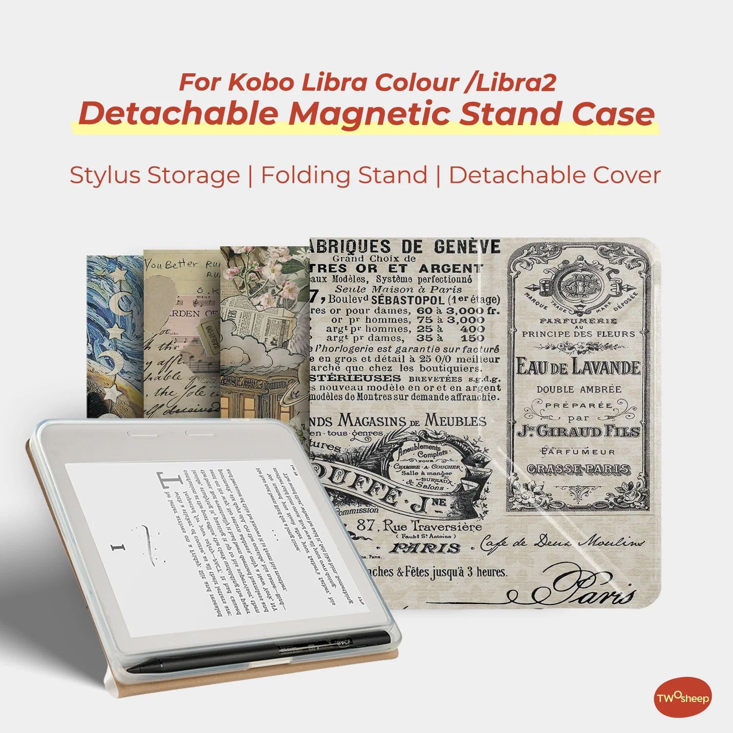Twosheep Collage Detachable Magnetic Case suit for Kobo Libra Colour Libra2 Pen Holder Stand Clear Acrylic Back Cover Shell Slim