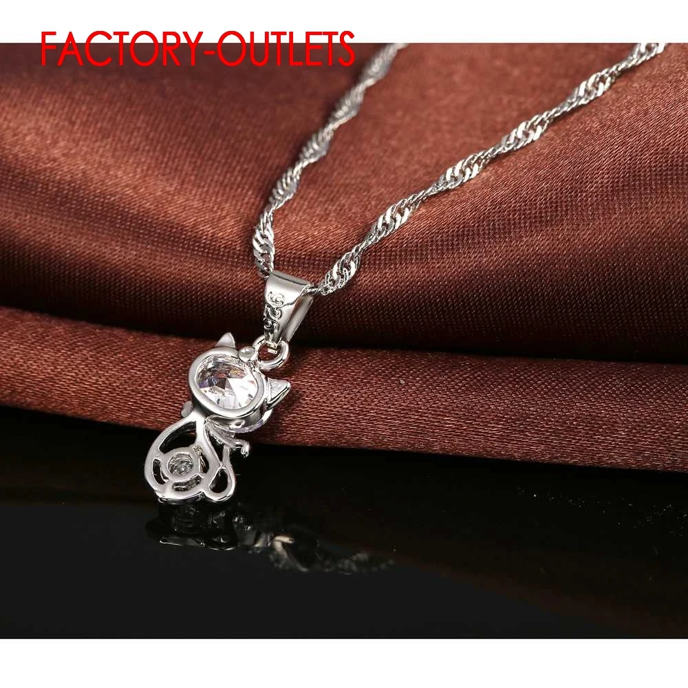 Genuine 925 Sterling Silver Cubic Zirconia Wedding Jewelry Sets CZ Crystal Cute Animal Cat Necklace Earrings Female Club Party