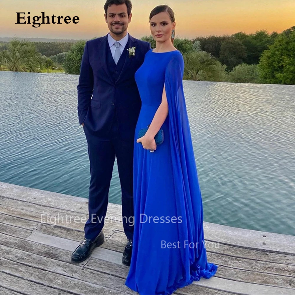 

Eightree Long Royal Blue Chiffon Evening Dresses Flare Long Sleeves Formal Party Gowns A-Line Pleated Prom Dress for Women Event