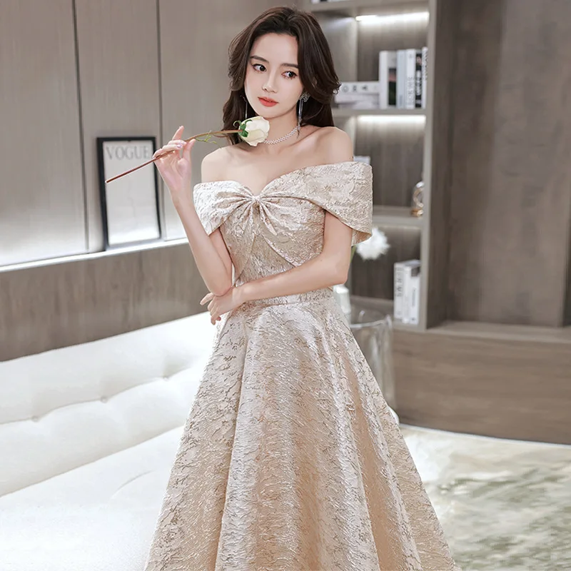 One-shoulder gold evening dress 2024 new spring French birthday party temperament dress banquet evening dress