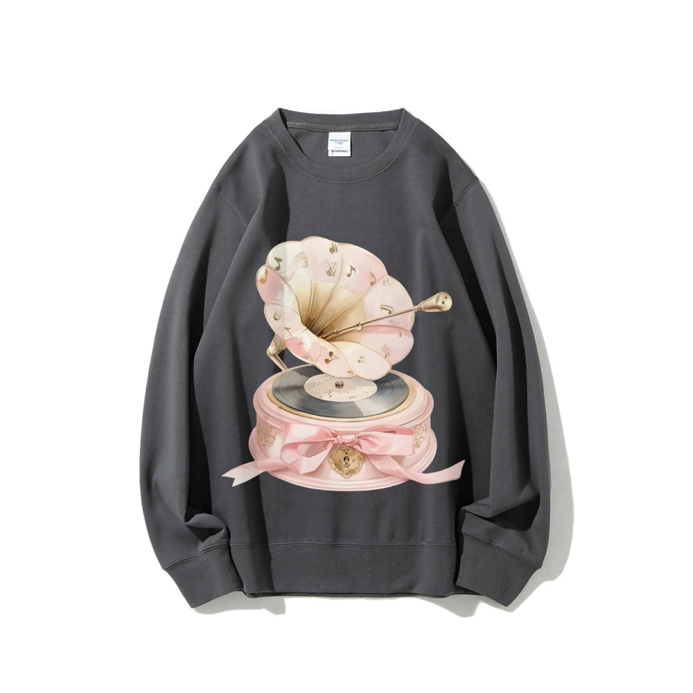 Grafisch sweatshirt roze grammofoonprint retro melodieus nostalgisch Y2K-stijl zachte stof voor muziekliefhebbende casual sweatshirt