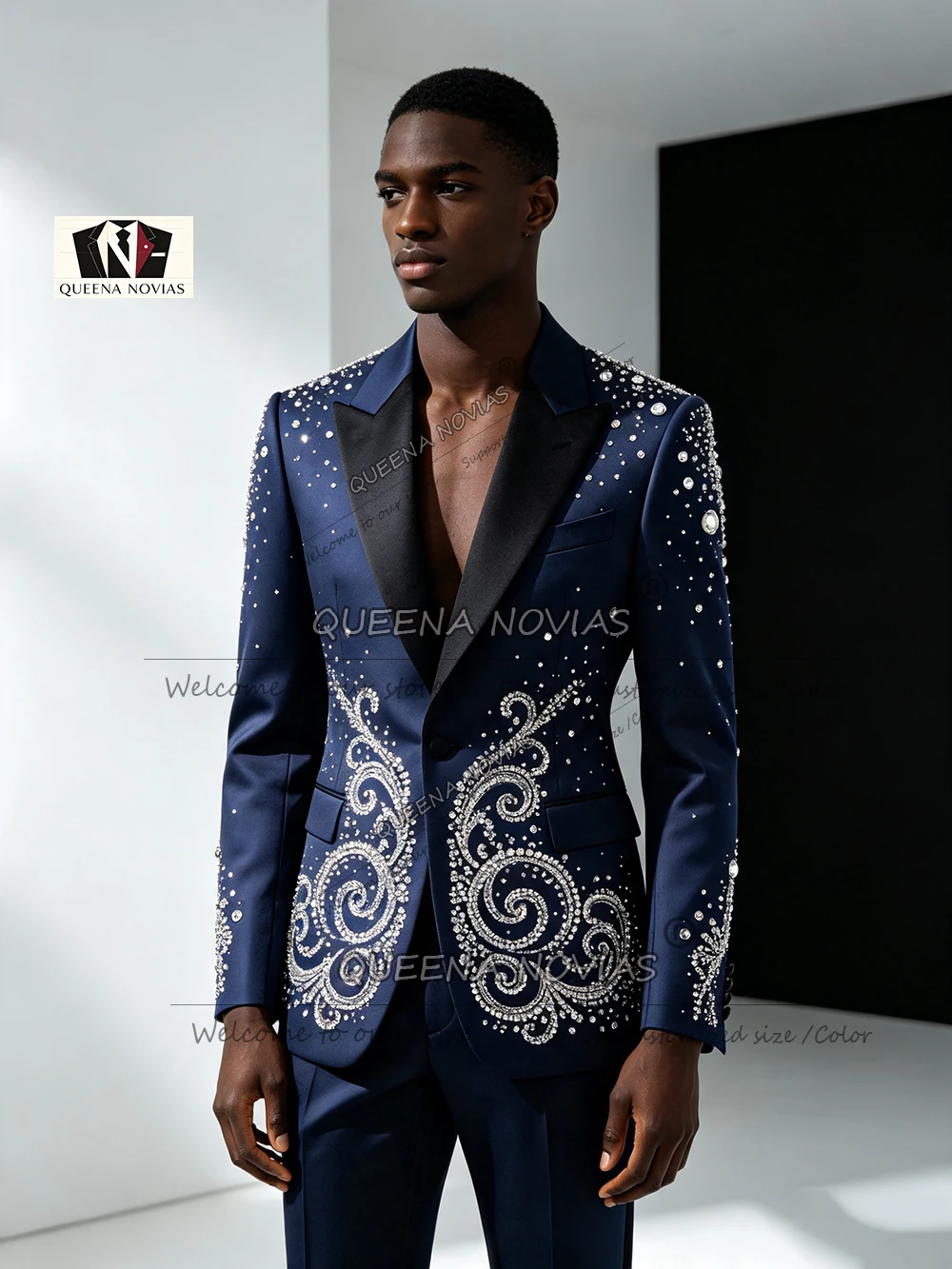 Exclusive African Formal Wear Suit Slim Fit Sparkly Rhinestone Sequin Beaded Prom Blazer Customized Groom Wedding Tuxedo Attire