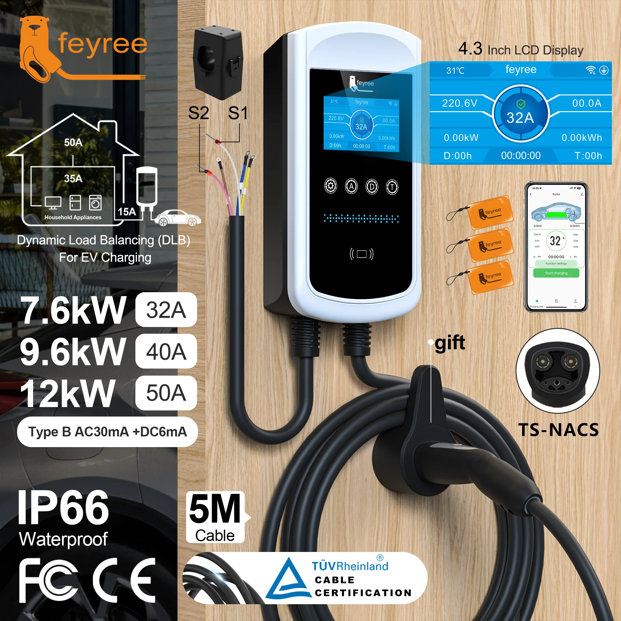 Feyree Dynamic Load Balancing EV Charging Station 32A 7kW TS-NACS Charger Plug Car Charger EVSE Wallbox 9.6kW 12kW APP Control