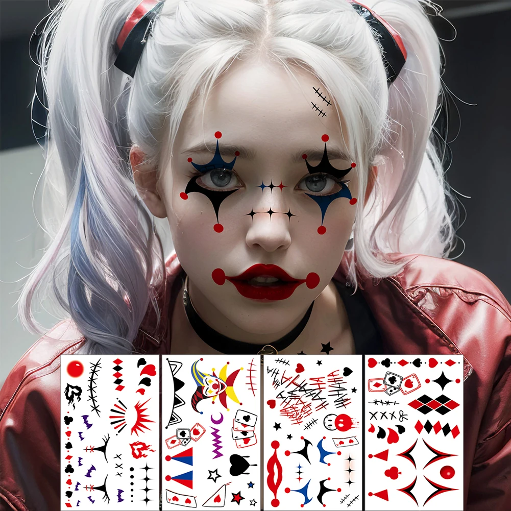 Halloween Joker Clown Face Tattoo Stickers Stitched Lips Red Black Heart Design Waterproof Harley Cosplay Face Decals