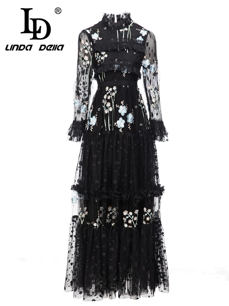 

LD LINDA DELLA 2023 Summer Runway Designer Elegant Party Dress Women's Black Round Neck Cascading Ruffle Print Splice Lace Dress