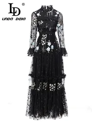 LD LINDA DELLA 2023 Summer Runway Designer Elegant Party Dress Women's Black Round Neck Cascading Ruffle Print Splice Lace Dress