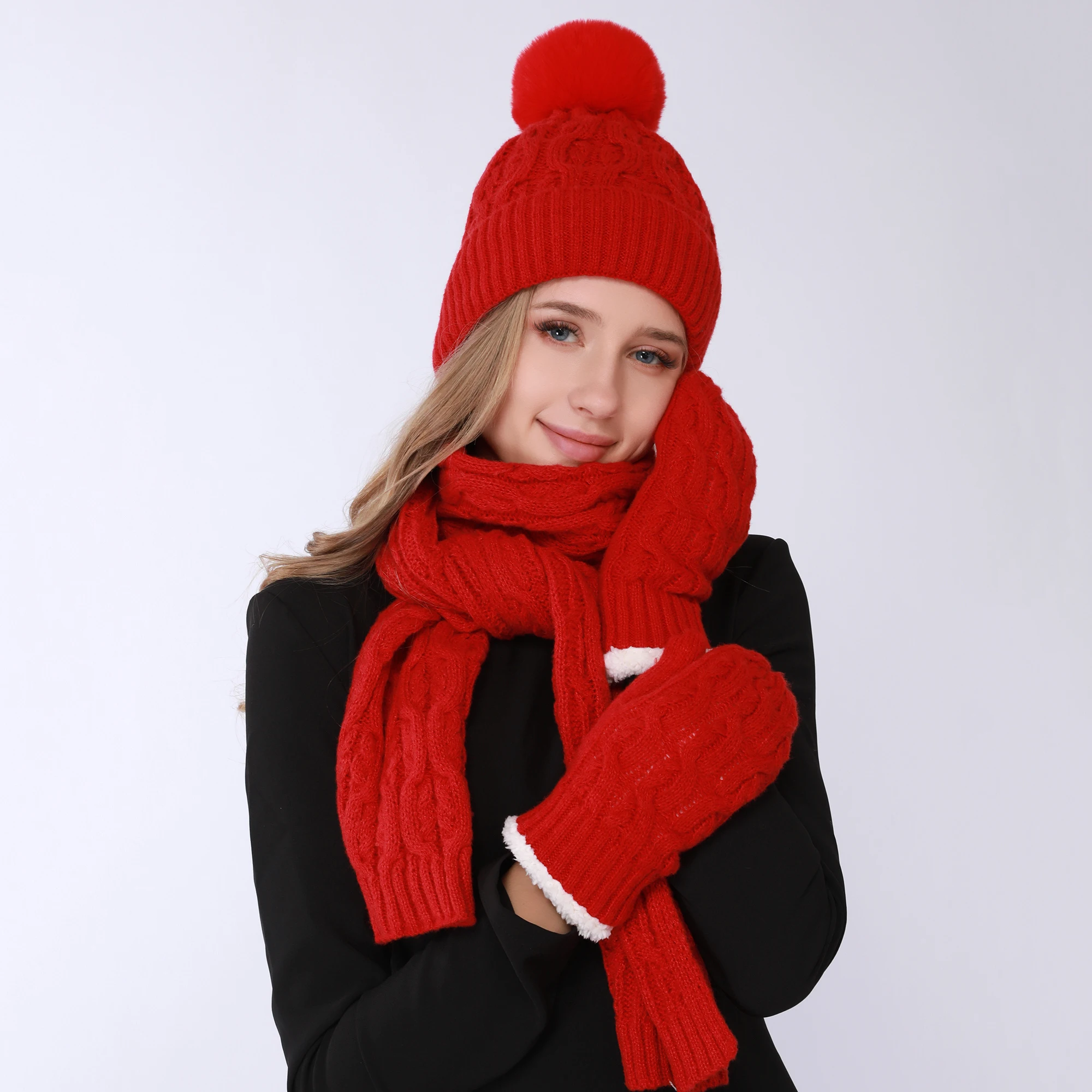 Women Solid Wool Fabric 3pc Gloves Scarf Hat Knitted Suit Striped Geometric Pattern Soft Coldproof Warm Thick Autumn Winter Gift