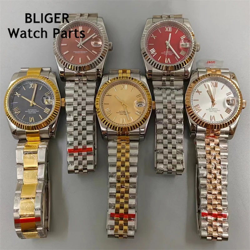 BLIGER 36mm/39mm NH35 Automatic Men\'s Watch Multiple Colored Dials Two-Tone Oyster/Jubilee Bracelet Sapphire Glass