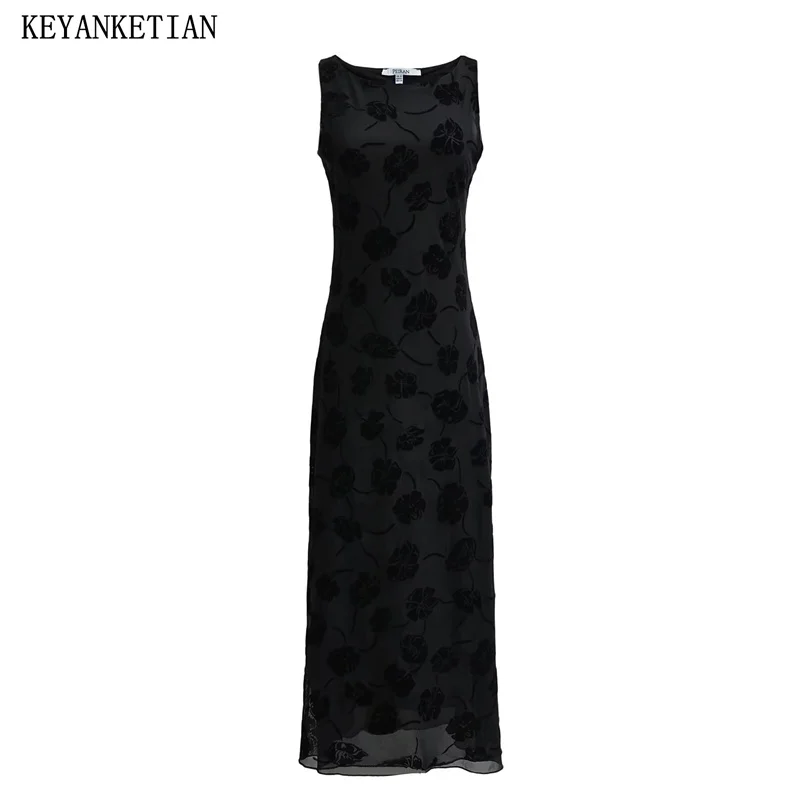 

KEYANKETIAN 2024 New Launch Women's Floral Jacquard Decoration Mesh Dress French Style Elegant Sleeveless Sheath MIDI Dress