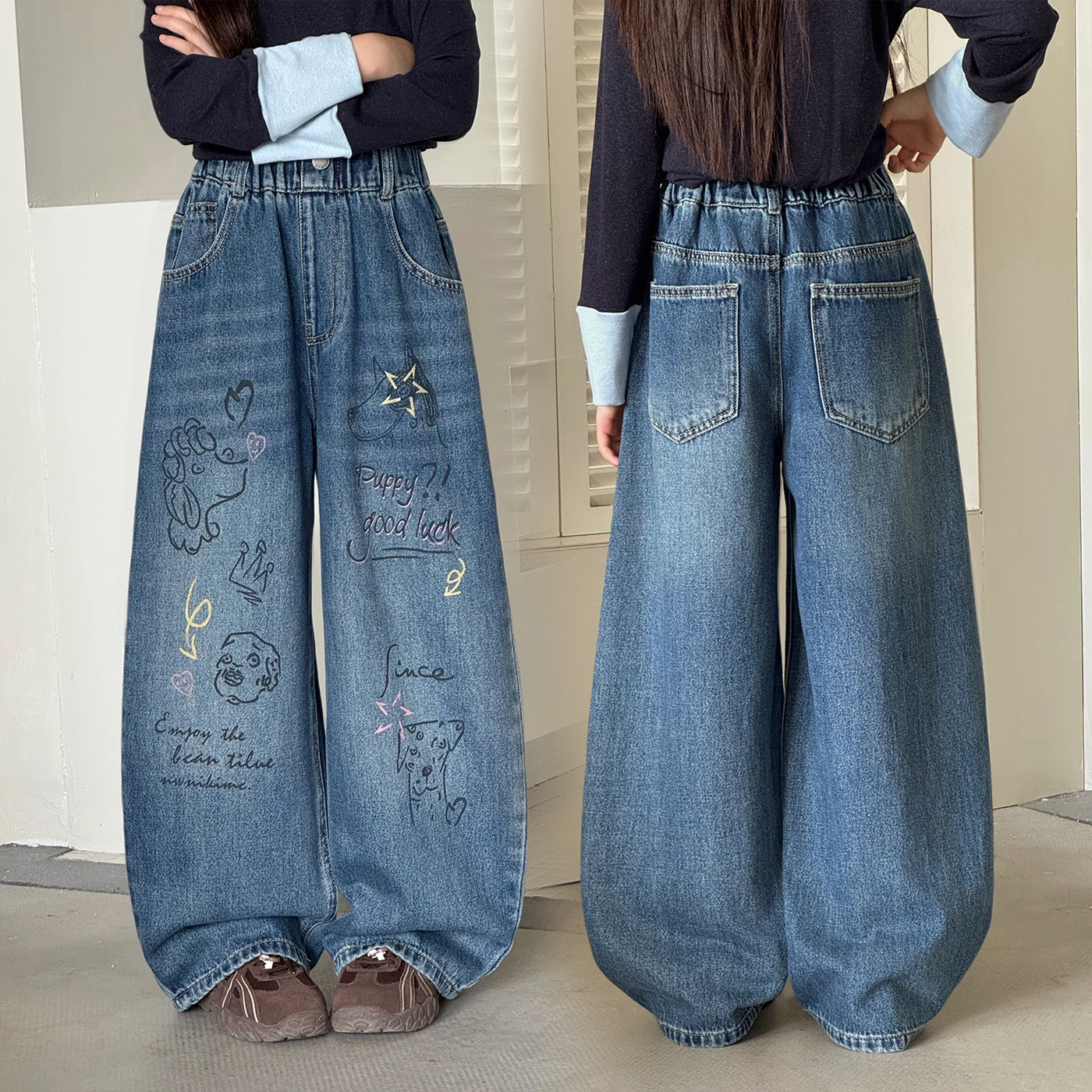 Kids Graffiti Jeans for Girls Fashion Spring Autumn Hot Sales Teenager Unique Wide Leg Pants Korean Style Trousers