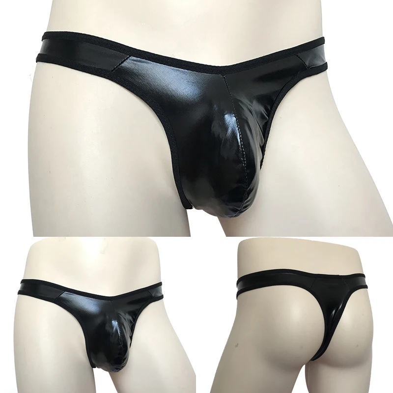 1pc Black Men\'s Faux Leather Sexy Briefs Thongs T-Back G-Strings Low Waist U-convex Pouch Panties Man Underwear Clubwear