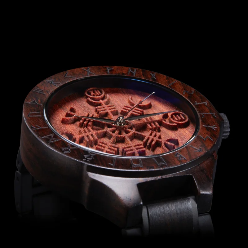 Viking Watches Wooden Men Watch Japanese Quartz Movement Wristwatch Norse Runes Helm Of Awe