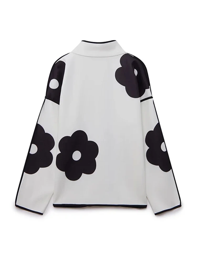 Women Floral Printed Stand Collar Jacket Coat Long Sleeve Korea Elegant Jacket Coat for Autumn Winter Casual Jacket Outerwear