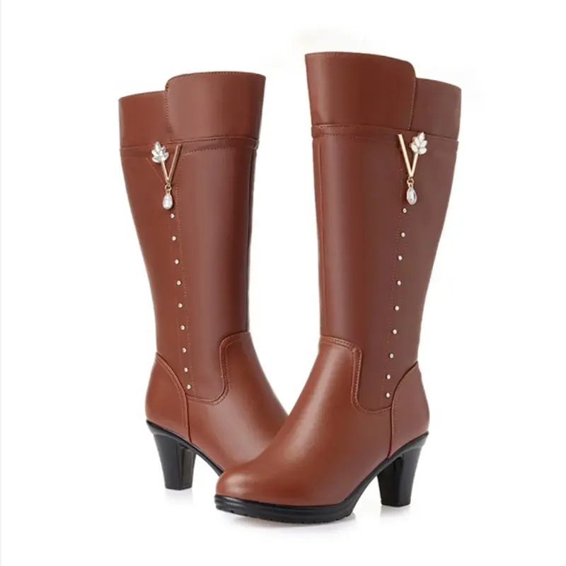 Botas de invierno para mujer, botas femeninas de cuero genuino, talla dropshipping, botas cálidas de lana de tacón alto, botas de montar de