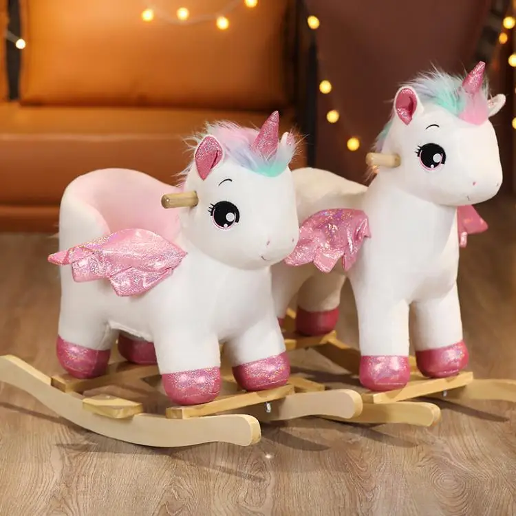 Baby Children Solid Wood Unicorn Rocking Horse Safety Trojan Toddler Rocking Chair Gift Birthday Gift 2-8 Years Old