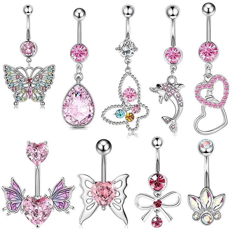 Anillos de ombligo de circón rosa para mujer, Piercing de ombligo de mariposa de corazón colgante, barra de vientre de acero inoxidable, joyería de Piercing corporal