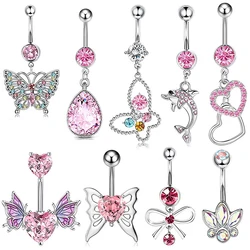 Pink Zircon Belly Button Rings Dangle Heart Butterfly Navel Piercing Stainless Steel Belly Bar For Women Body Piercing Jewelry