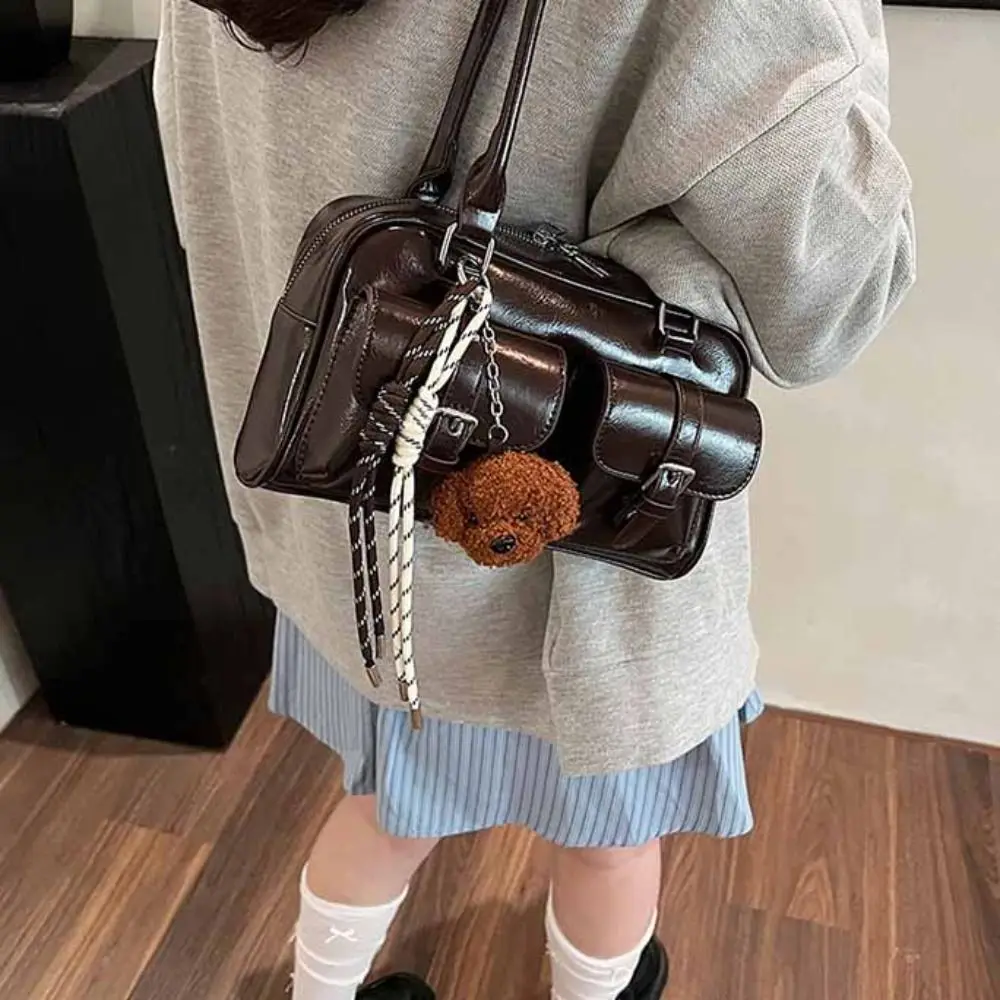

Korean Style PU Bowling Bag Solid Color Handbag Pocket Boston Tote Bag Minority Design French Style Underarm Bag Travel