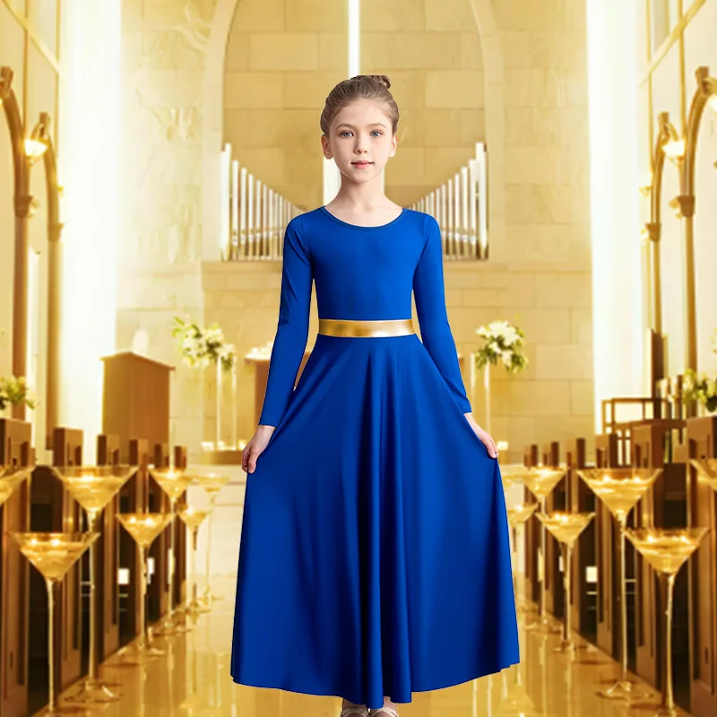 Vestido de baile moderno de alabanza de longitud completa y holgado de manga larga para niña, traje metálico liturgico de adoración, vestido de baile