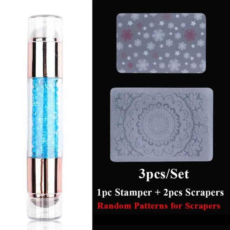 3pcs Nail Stamp Art Set Double Head Silicone Nail Stamper Crystal Handle Stamp Random Stencil Easy Stamp Set Stamp Plating Tool