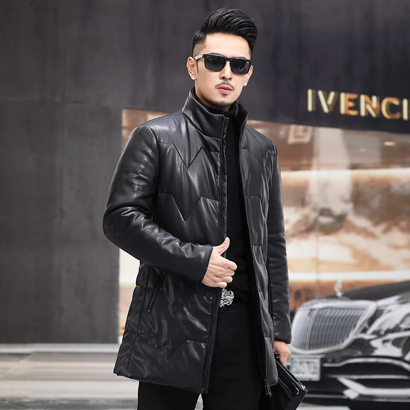 Korean White Duck Down Sheepskin Coats Men Slim Leather Jackets New Stand Collar Medium Length Male Winter Thick Warm Outerwear