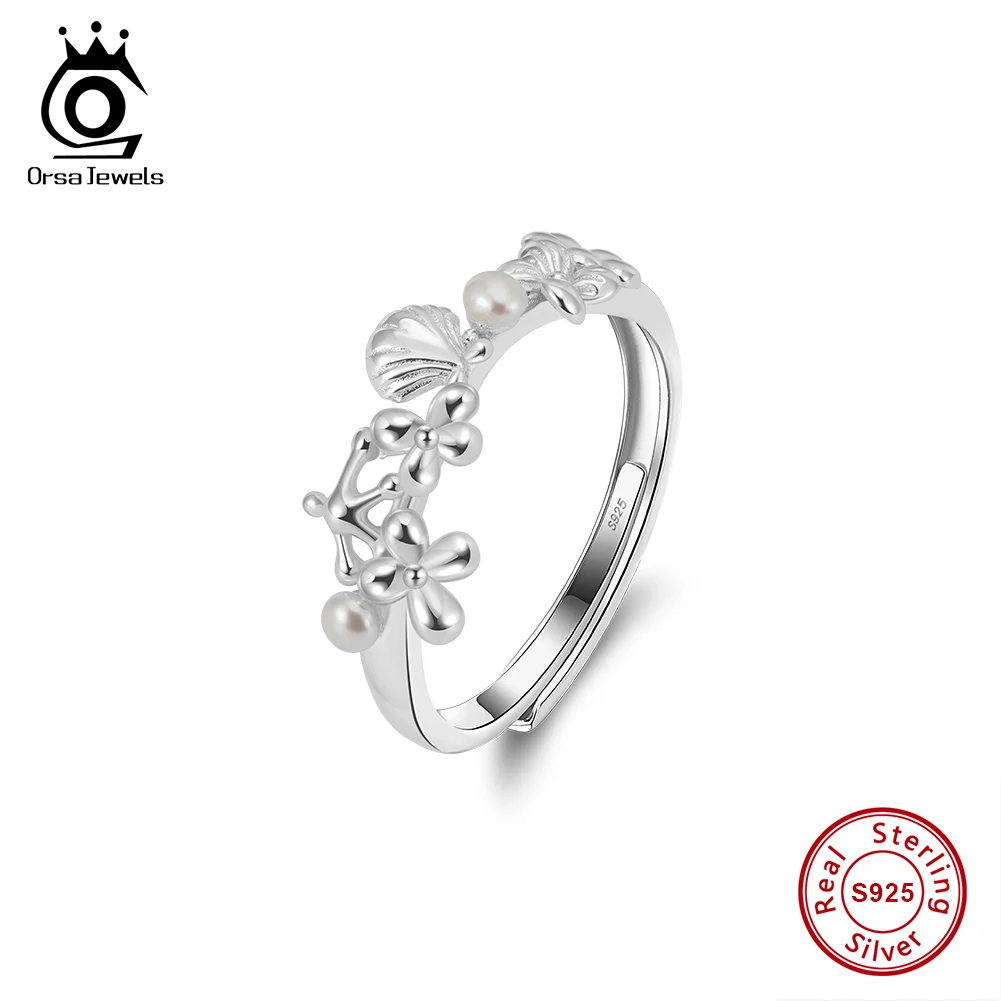 

ORSA JEWELS 925 Silver Freshwater Pearl Ring Adjustable Birthday Flower Ring Female Shell Shaped Versatile Jewelry GPR24