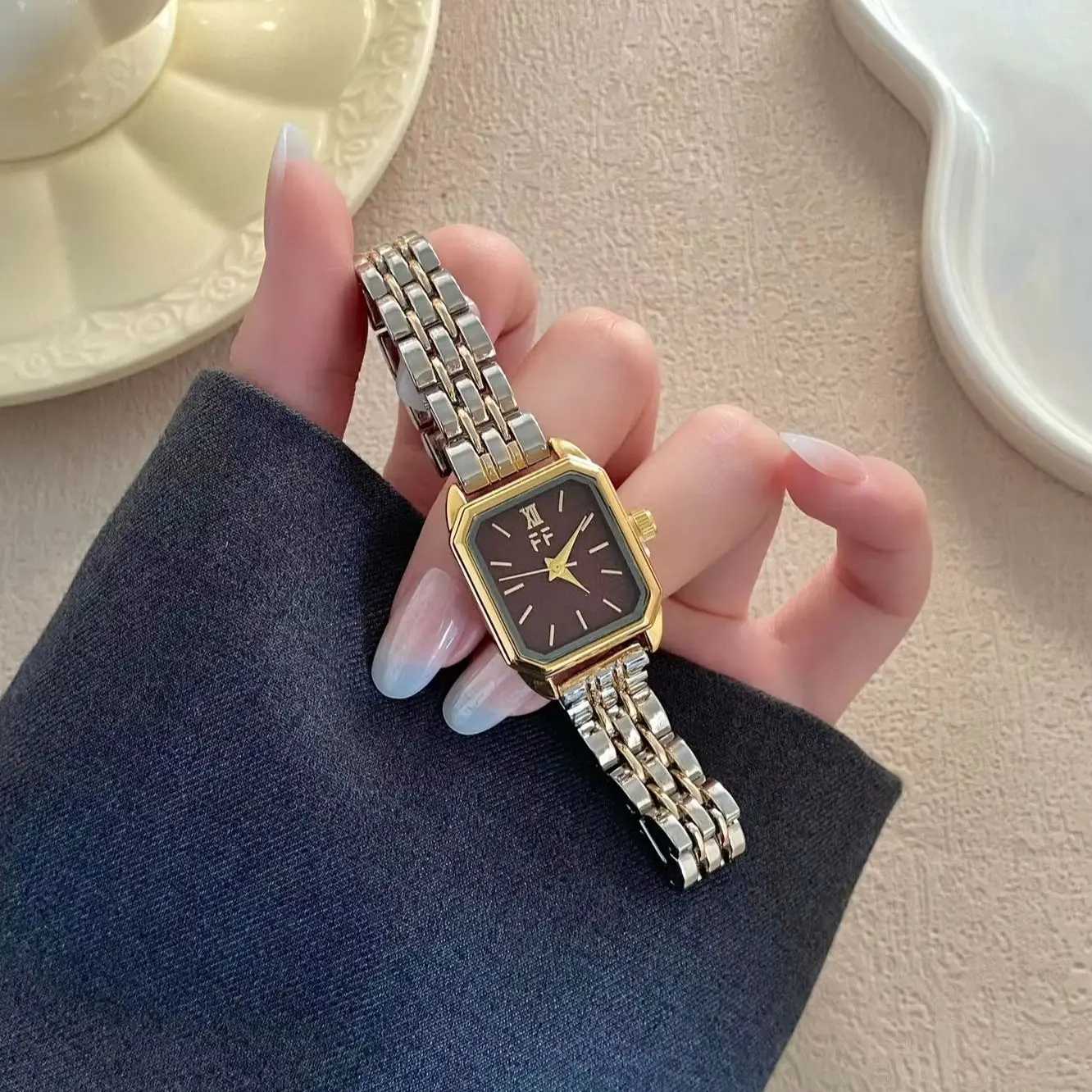 Women Square Quartz Watch Two Tone Gold Silver Metal Bracelet Strap Elegant Ladies Dress Wristwatch Gift-00593