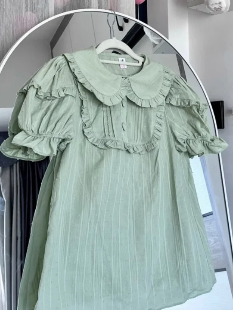 Sweet Lolita Blouses Women Cute Ruffles Peter Pan Collar Short Sleeve Shirts Japan Style Loose Inside Tops Kawaii Vintage Blusas