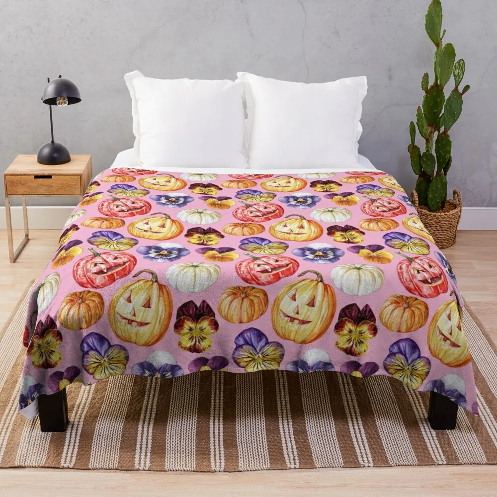 Halloween Pumpkins and Pansies Pink Pattern Throw Blanket For Decorative Sofa Decorative Sofas For Baby Blankets