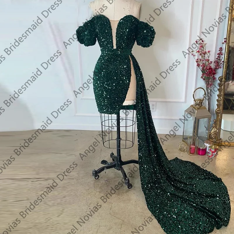 

Customized Dark Green Prom Dressses with Side Skirt Off the Shoulder Vestidos De Gala Graduation Birthday Party Dresses
