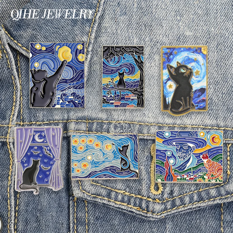 Starry Night Black Cat Enamel Pin Vintage Artistic Oil Painting Pin Swirling Moon Stars & Cat Brooches Lapel Badge Jewelry Badge