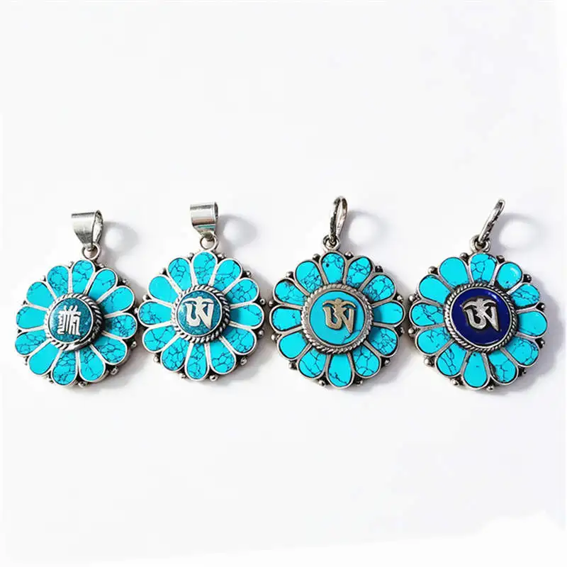 Vintage Flower Lovely Pendants Tibetan Mantras Amulet Copper Inlaid Stone TBP127