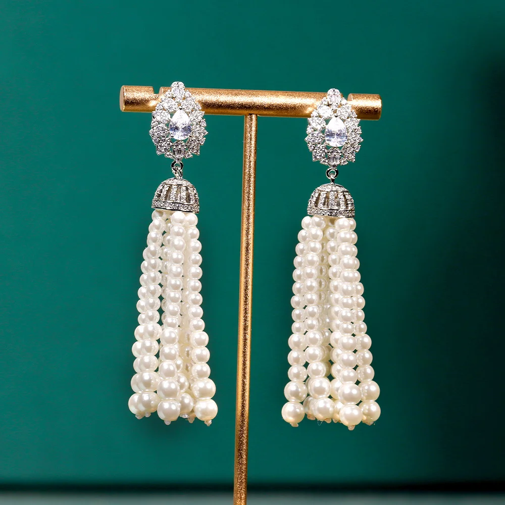 New Fashion Personality Tassel Pearl long chain Wedding Necklace Earring Set Bridal For Women Elegant Cubic Zirconia Jewelry