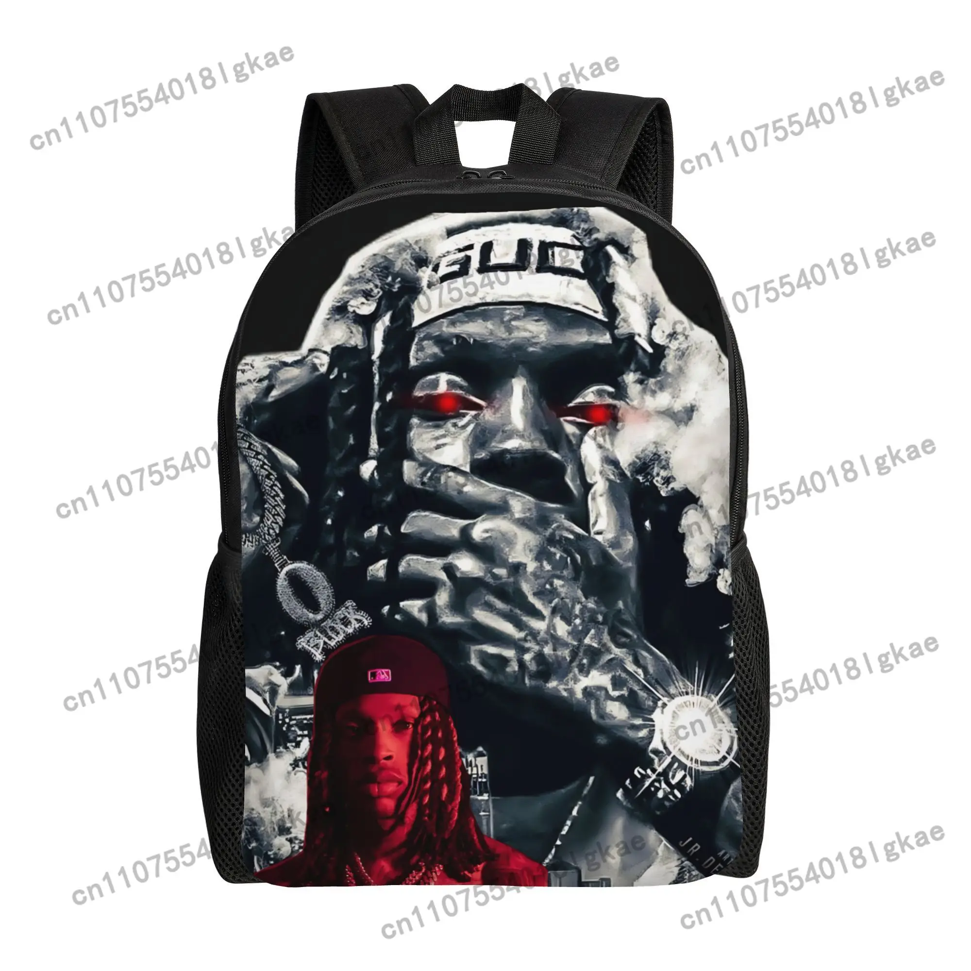 ZLIENSZUS 's King Von Tribute Backpack - Iconic Rapper Face & Logo Design, Black/White/Grey Urban Style for Students, Creatives