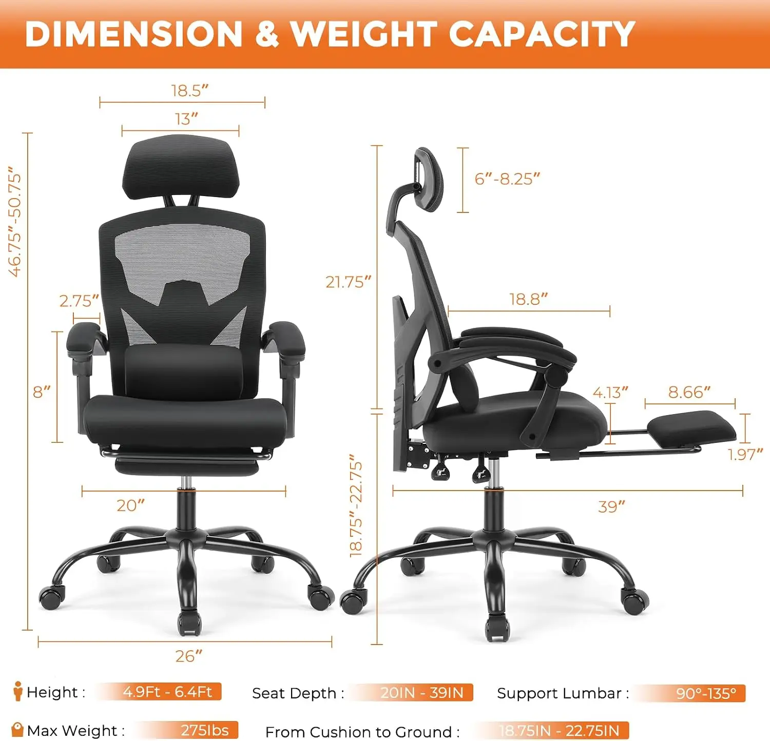 Office Computer Desk Chair, Ergonomic High-Back Mesh Rolling Work Swivel Chairs with Wheels, Comfortable Lumbar Support, Comfy A