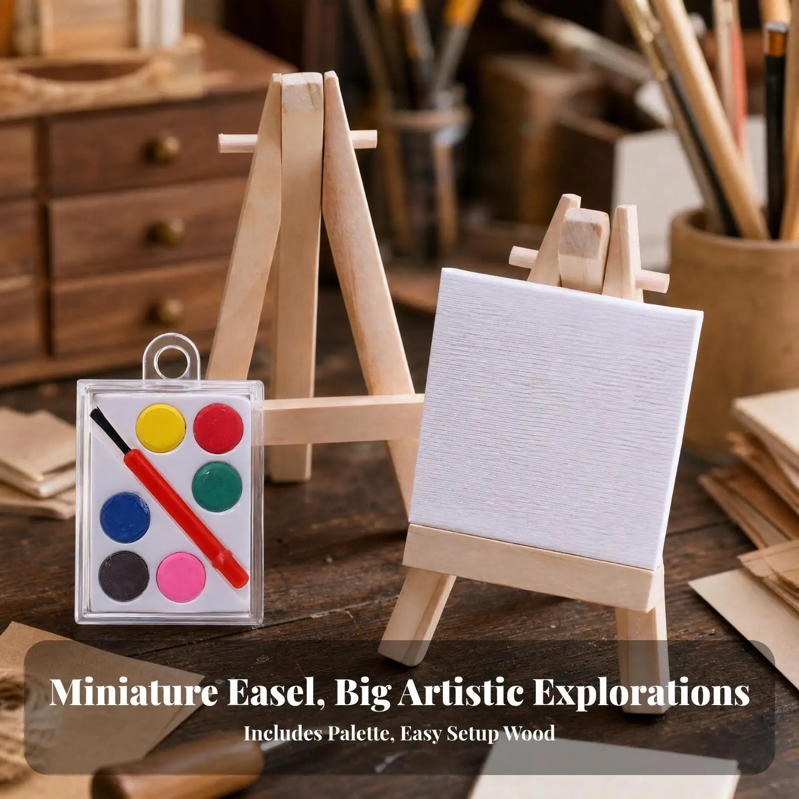 Wooden Display Easel with Mini Canvas and Paint Palette for Dollhouse Art Accessory Craft