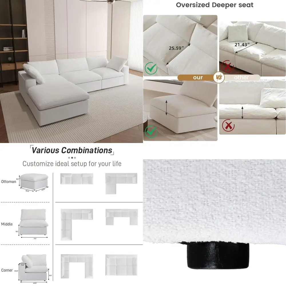 

120 Inch Deep Seating Cloud-Shaped Sectional Sofa with Storage Ottoman, 4 Seater for Living Room/Office in White