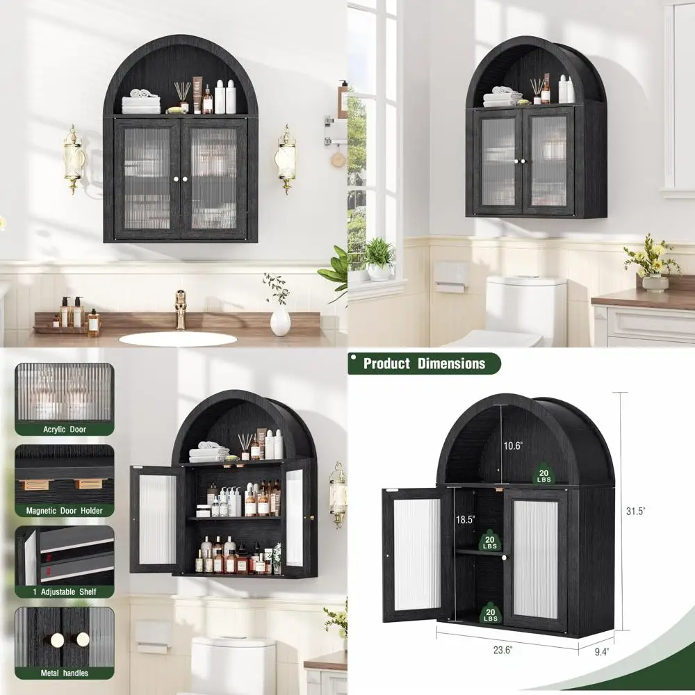خزانة طبية مقوسة للحمام، وحدة تخزين فوق المرحاض مع أبواب أكريليك بتصميم مموج ورف قابل للتعديل، Roman Sty